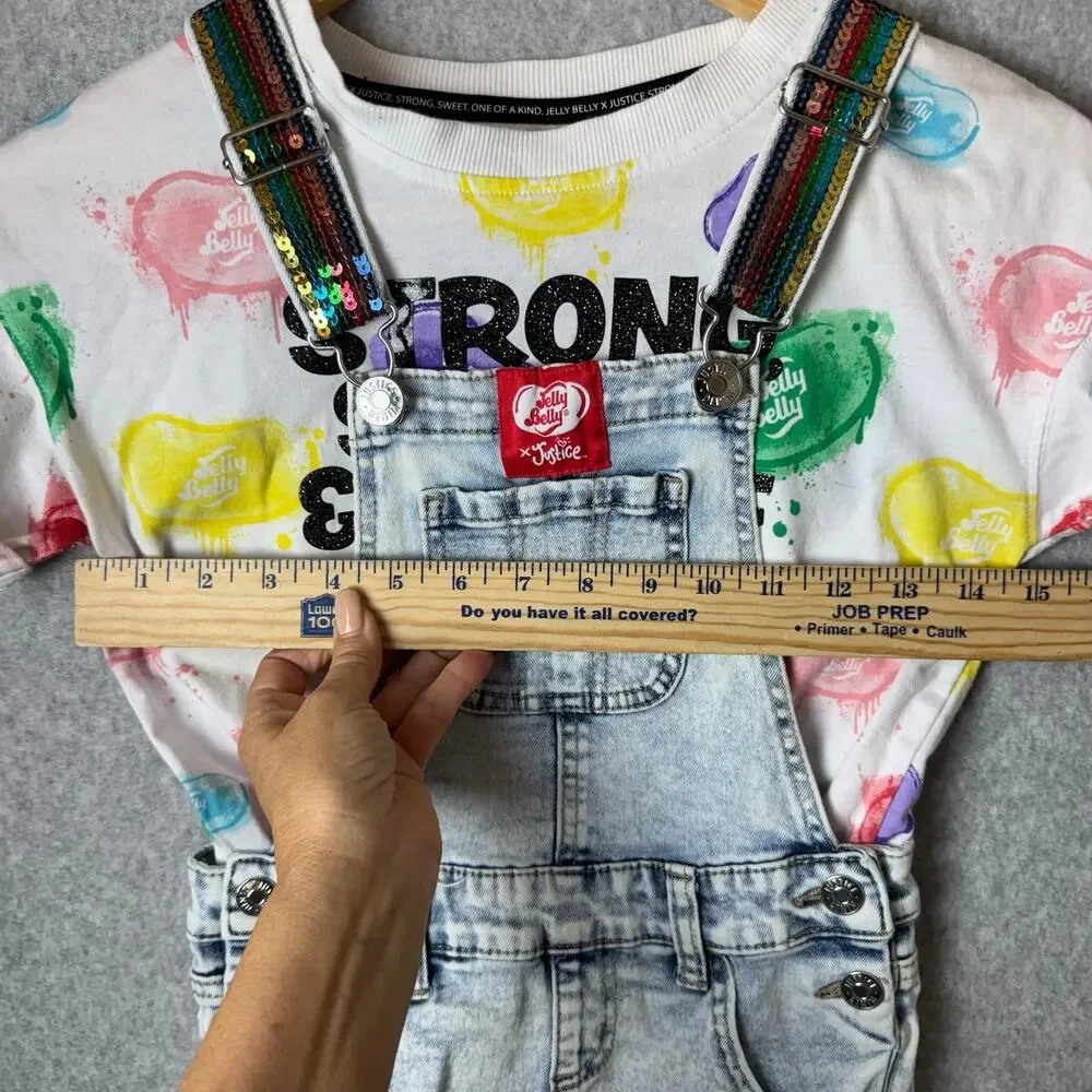 Vintage Justice Overalls & T-Shirt Jelly Belly Girls Size 7 Retro Rainbow Shorts